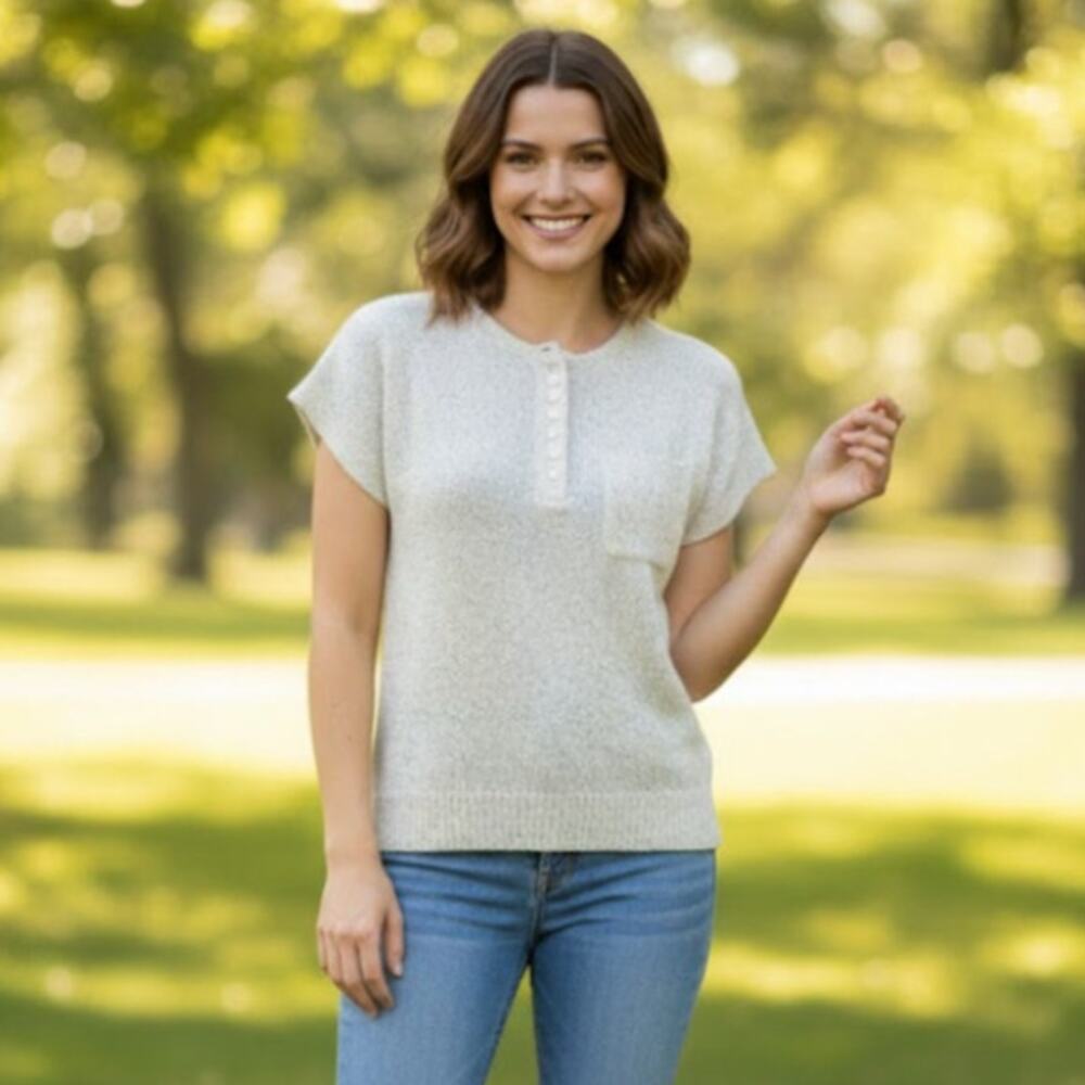 Vintage 80s Henley Sweater Dolman Short Sleeve Button Up Oatmeal Womens S